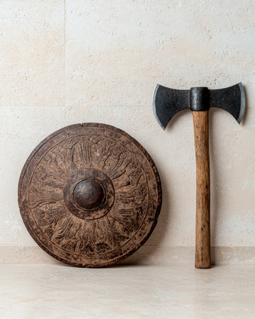 Ancient wooden shield and battle axe against a beige stone wallの素材
