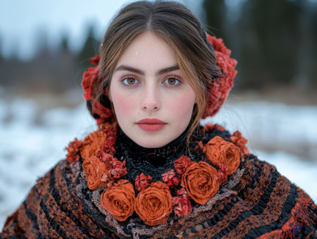Portrait of a young woman in a winter wonderland, wearing a beautiful floral headdress and shawlの素材