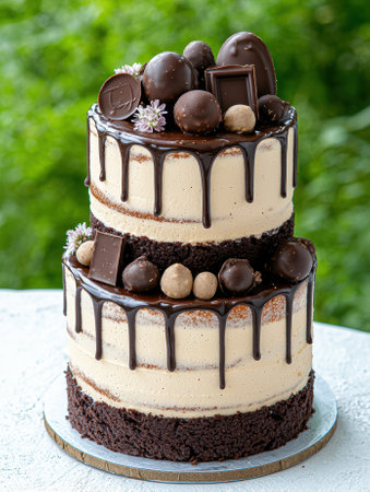Two-tiered chocolate drip cake decorated with chocolate candies and flowersの素材