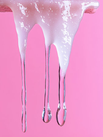 Close-up of thick liquid dripping down, pink backgroundの素材