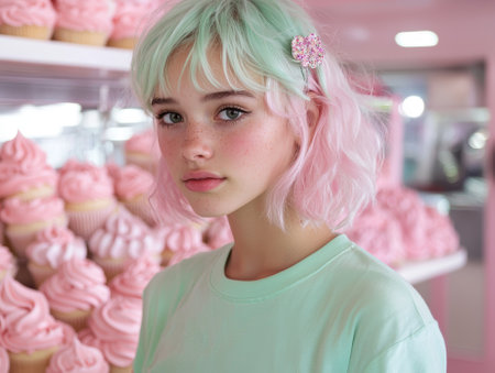 Pastel-haired girl in front of cupcakesの素材