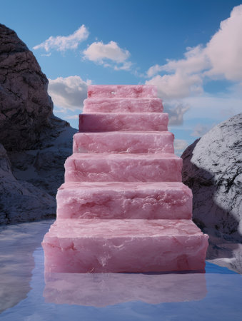 Pink marble stairs leading to the sky, surreal landscapeの素材