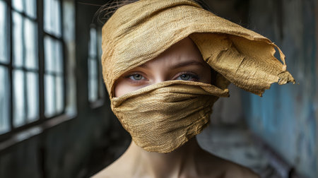 Mysterious woman with face covered by golden fabricの素材