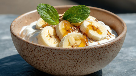 Healthy breakfast parfait with yogurt, banana, granola, and honeyの素材