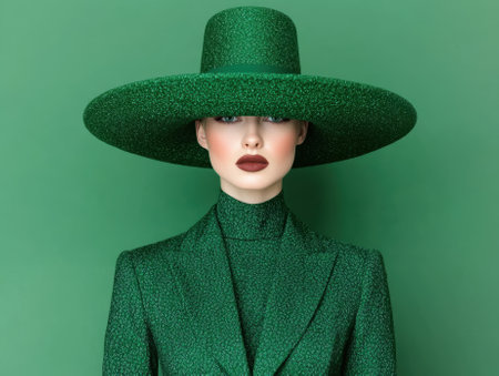 Woman in green hat and suitの素材