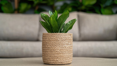 Green plant in woven basket on table in living roomの素材