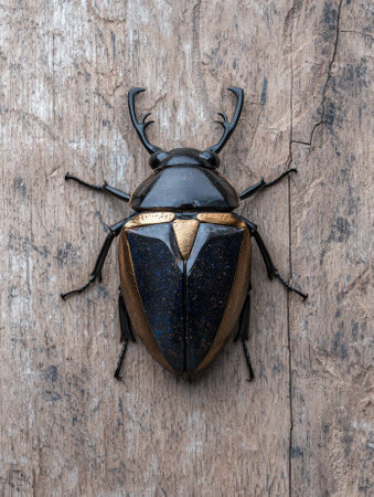 Closeup of a metallic blue and gold beetle on wood backgroundの素材