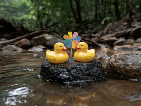 Two rubber ducks on a rock in a stream, with a colorful pinwheel between themの素材