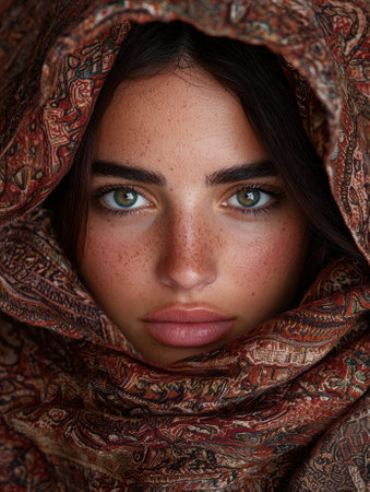 Close-up portrait of a woman with freckles, wearing a patterned headscarfの素材