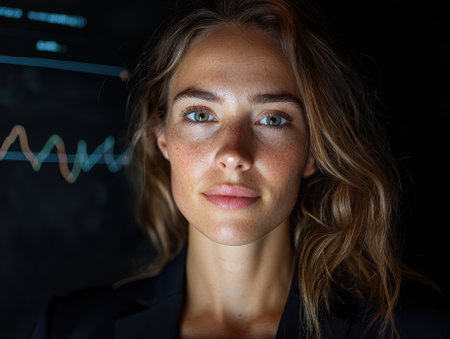 Confident businesswoman looking at financial data on screenの素材