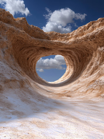 Stunning rock formation with a circular opening revealing a bright skyの素材