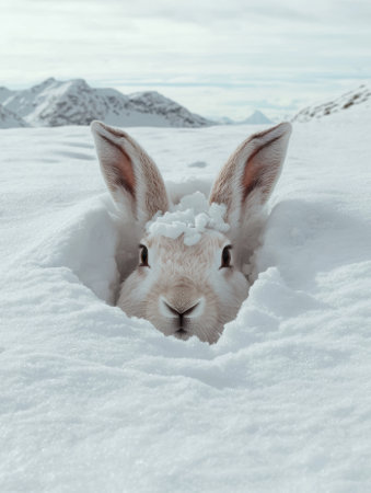Adorable white rabbit peeking out from snowdrift in winter wonderlandの素材