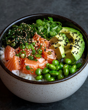 Delicious and healthy salmon poke bowl with avocado, edamame, and seaweed saladの素材