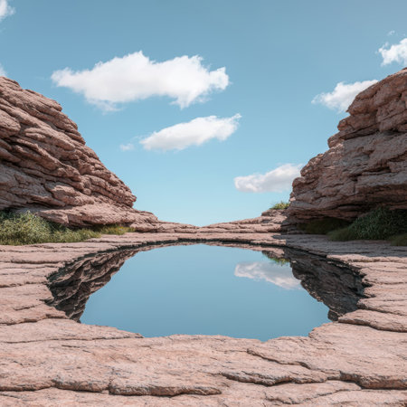 Tranquil oasis reflecting the sky in a rocky canyonの素材