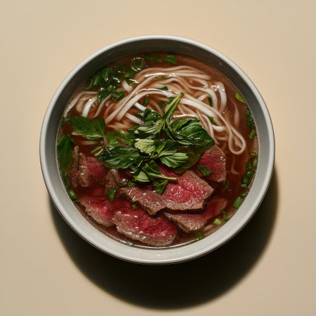Delicious beef pho with rice noodles in a gray bowlの素材