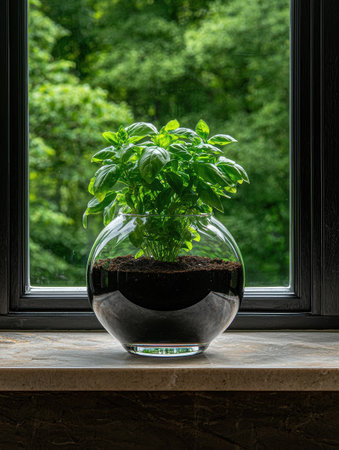 Basil plant in a glass bowl on a windowsillの素材