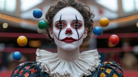 Portrait of a woman in clown makeup juggling colorful ballsの素材