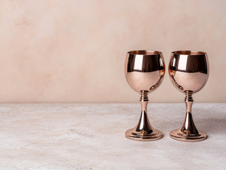 Two rose gold metallic wine glasses on a beige surfaceの素材