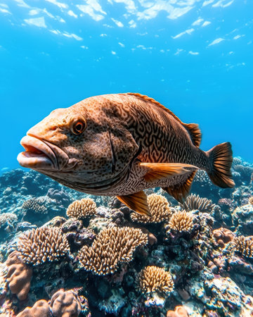Close-up of a large fish swimming in a coral reefの素材