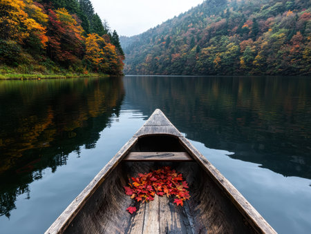 Wooden canoe on calm lake surrounded by autumn treesの素材