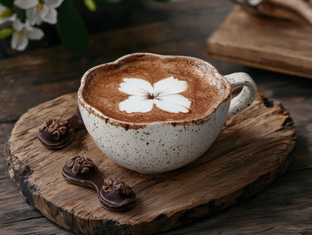 Close-up of a cup of coffee with flower latte art on a wooden boardの素材