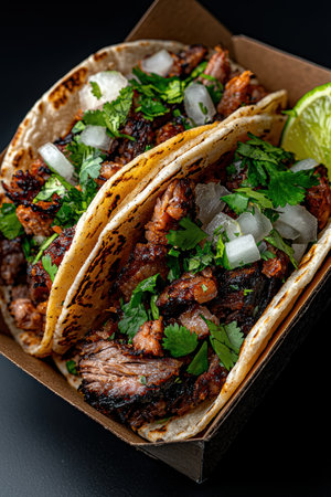 Delicious carne asada tacos with cilantro and onionsの素材