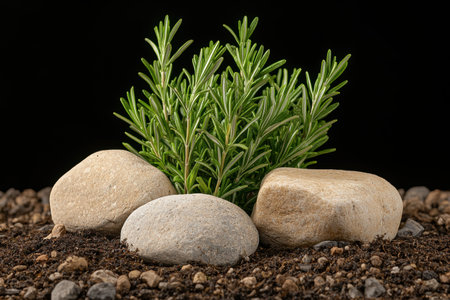 Rosemary plant in a garden setting with rocksの素材