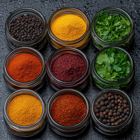 Assortment of spices in glass jars on dark backgroundの素材