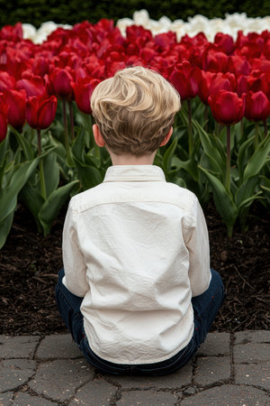 Young boy sitting in front of a field of red and white tulipsの素材