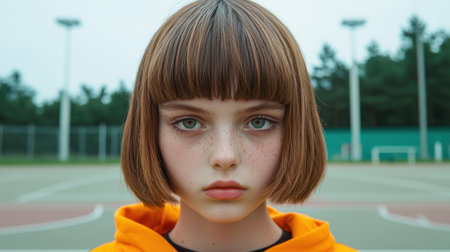Portrait of a young girl with freckles and a bob haircutの素材