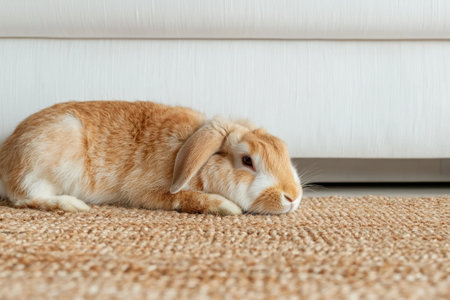 Adorable orange lop-eared rabbit resting on a jute rugの素材