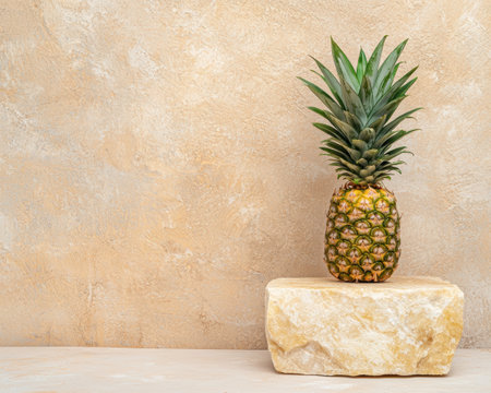 Single ripe pineapple on a light stone surface against a beige backgroundの素材