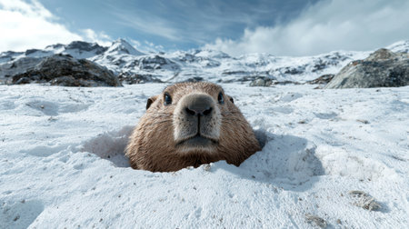 Curious marmot peeking out of its snow burrow in the mountainsの素材