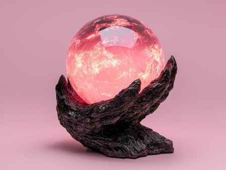 Crystal ball in a dark hand on pink backgroundの素材