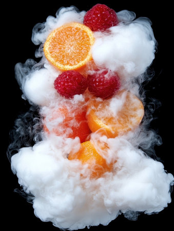 Raspberries and oranges in a cloud of smokeの素材