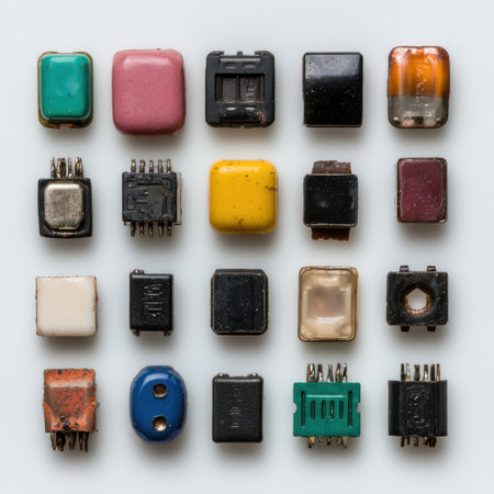 Assorted vintage electronic components on white backgroundの素材