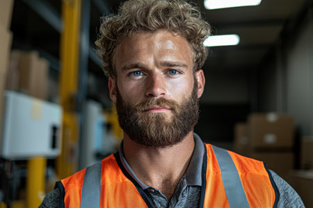 Portrait of a handsome bearded warehouse workerの素材