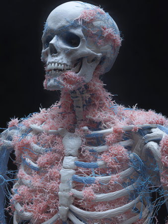 3D rendering of a human skeleton with pink and blue vascular systemの素材