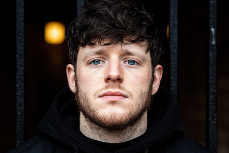 Close-up portrait of a young man with blue eyesの素材