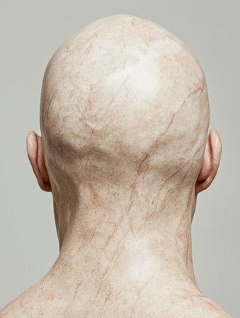 Close-up view of a bald head and neck with visible wrinkles and skin textureの素材