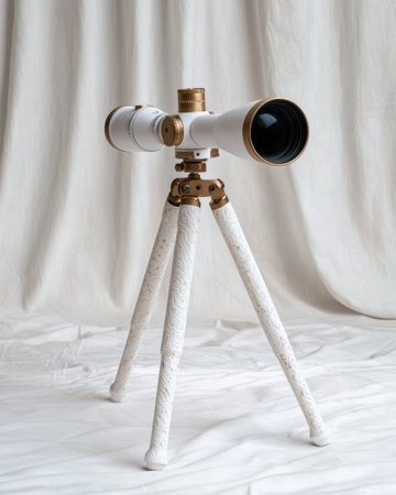 White and gold spotting scope on tripod against white backgroundの素材