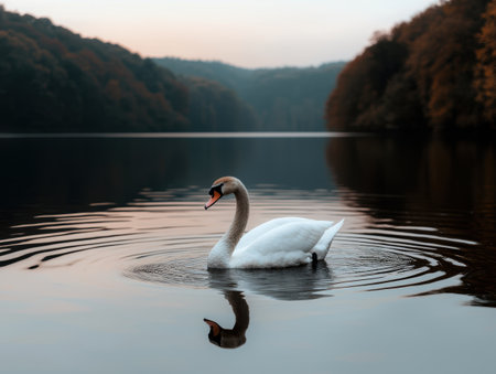 Serene swan on calm lake at sunsetの素材
