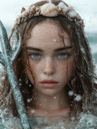 Portrait of a young woman with freckles and a seashell crown, partially submerged in water, holding a trident.の素材