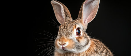 Close-up portrait of an adorable brown rabbit against a black backgroundの素材