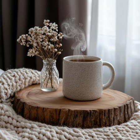 Cozy morning with a warm drink and flowersの素材