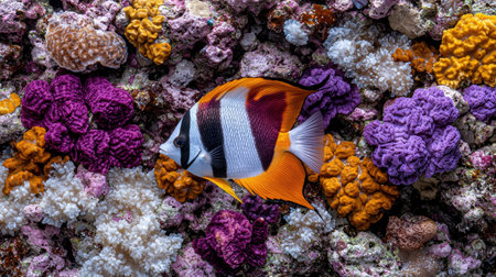 Bright orange and white fish in a vibrant coral reefの素材
