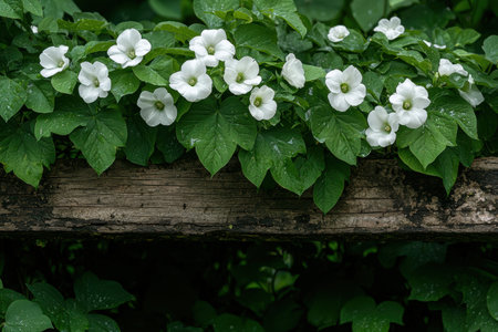 White flowers blooming on a rustic wooden fenceの素材