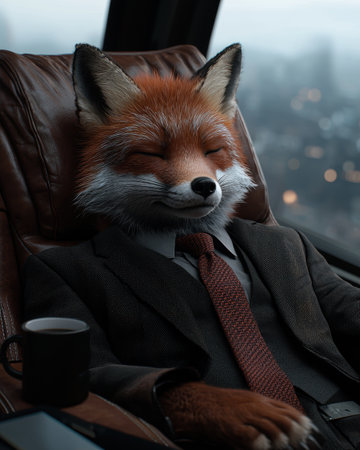 Relaxed fox in a suit enjoying a coffee break in a modern office chairの素材