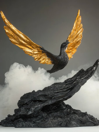 Black and gold bird sculpture on a rock baseの素材