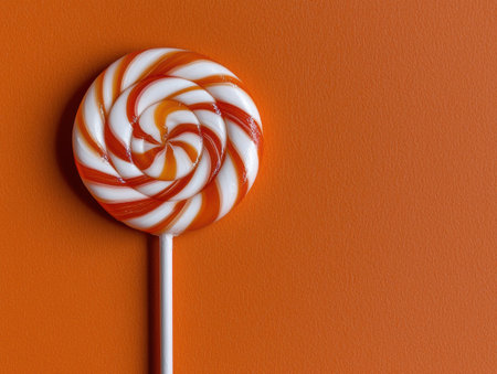 Orange and white swirl lollipop on orange backgroundの素材